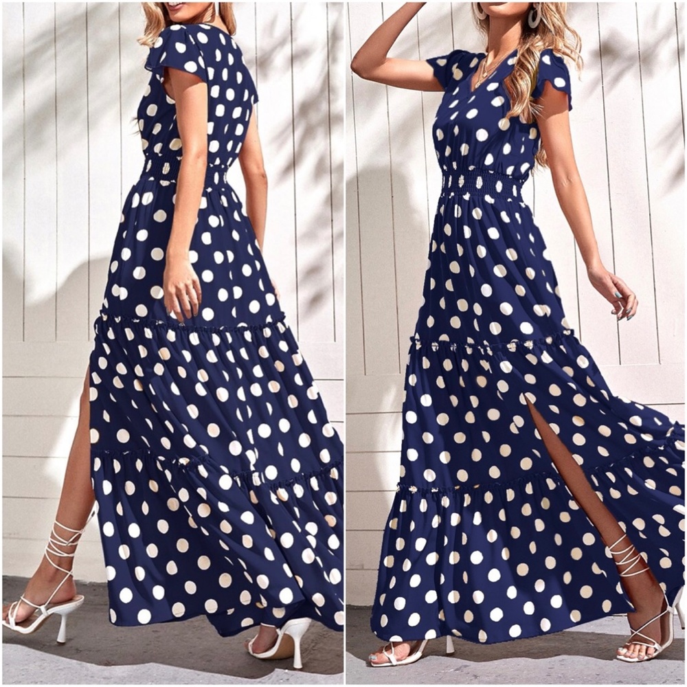 Boho Lilac Purple Polka Dot V neck Ruffle Maxi Dress - Picture 4 of 6